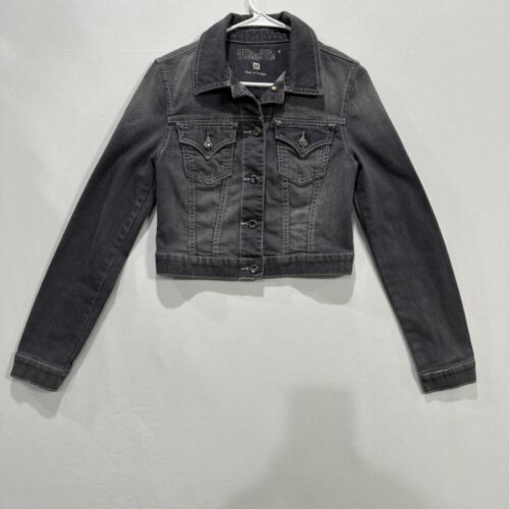 Miss Me Jean Jacket Women's Medium Gray Wash Lace Cropped Long Sleeve Bling EUC